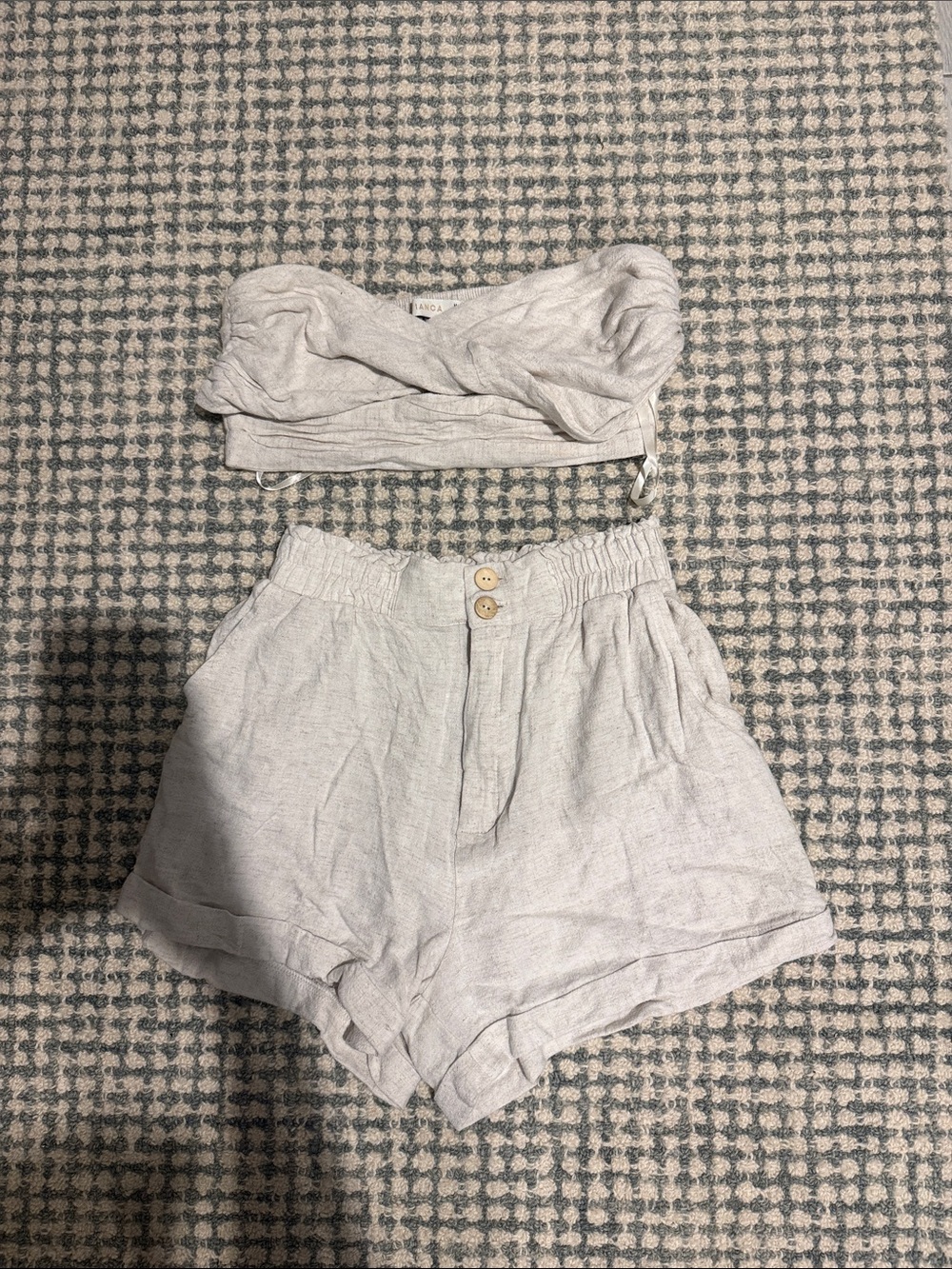 Beige Women's High-Waist Linen Shorts/ crop set
